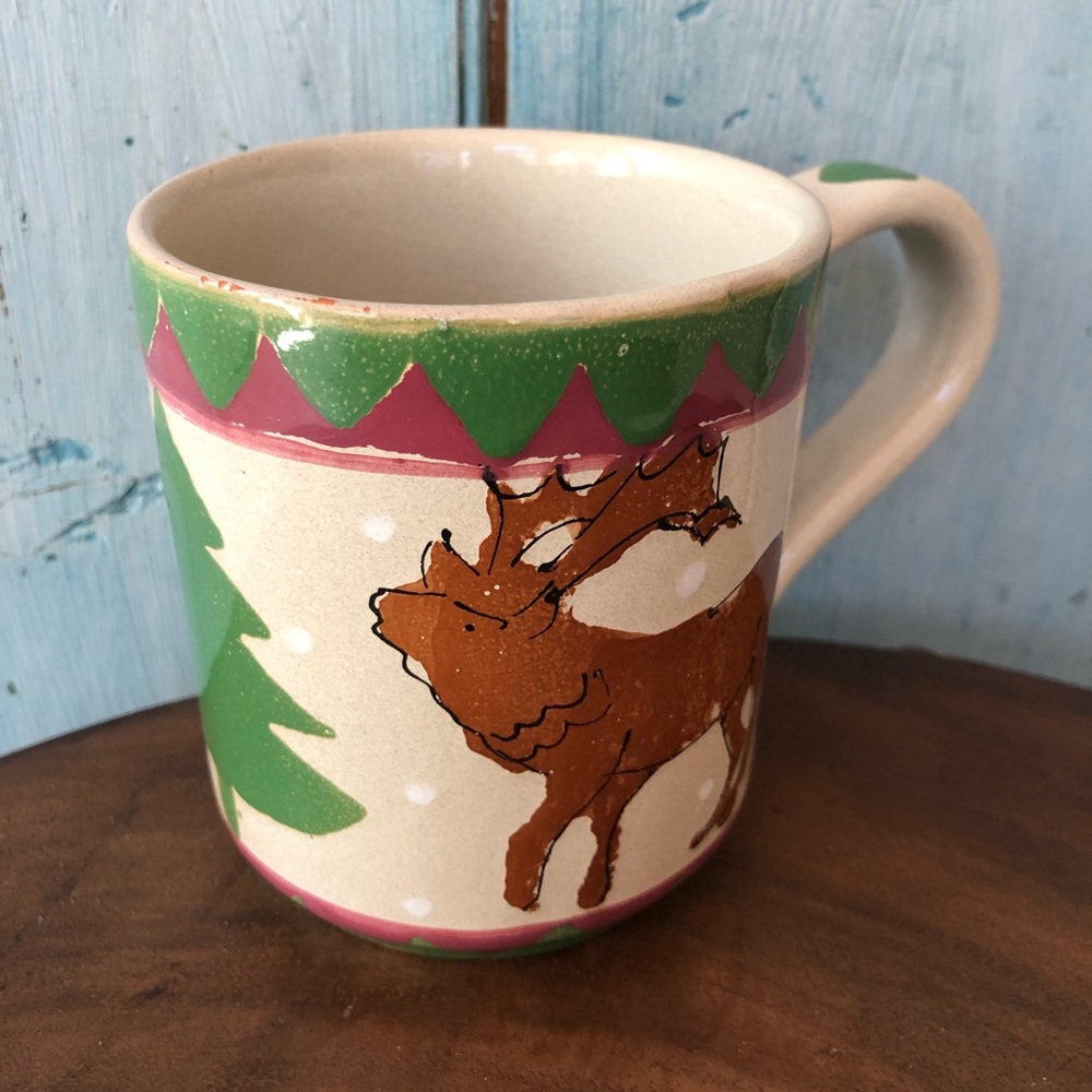 Artisan-made stylized winter mug with moose, pine tree, & snowflakes - Picture 5 of 5